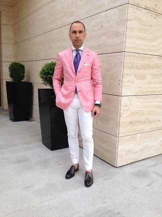Hot Pink Blazer Outfits For Men: This classic and casual combo of a hot pink blazer and white chinos is very easy to throw together in no time, helping you look on-trend and ready for anything without spending too much time digging through your wardrobe. Dark brown leather tassel loafers bring an elegant aesthetic to the ensemble.