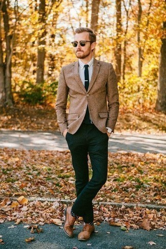 Men's Tan Blazer, White and Black Vertical Striped Dress Shirt, Dark Green Chinos, Brown Leather Oxford Shoes