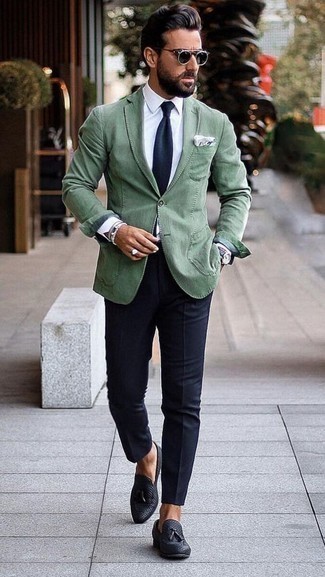 Blue Leather Watch Outfits For Men: If you're in search of a street style and at the same time sharp getup, pair a mint blazer with a blue leather watch. Showcase your polished side by finishing off with navy leather tassel loafers.