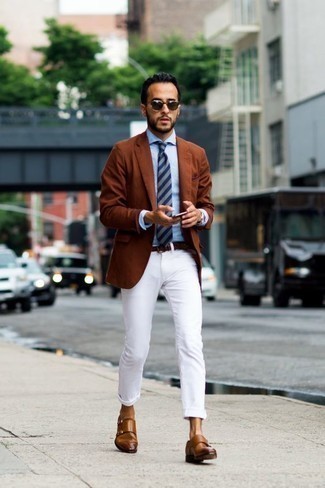 Tobacco Blazer Outfits For Men: Teaming a tobacco blazer and white chinos is a surefire way to inject refinement into your daily lineup. For a classier vibe, why not complete your getup with a pair of brown leather double monks?