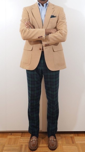 Men's Tan Blazer, Light Blue Dress Shirt, Navy and Green Plaid Chinos, Brown Leather Loafers