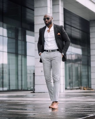 Brown Leather Loafers Outfits For Men: This classic and casual combination of a black blazer and grey check chinos is capable of taking on different forms depending on how you style it out. A pair of brown leather loafers easily revs up the classy factor of this outfit.