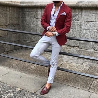 White Print Pocket Square Outfits: This combo of a burgundy blazer and a white print pocket square offers comfort and utility and helps keep it low-key yet trendy. Complement this ensemble with burgundy leather double monks to completely change up the look.