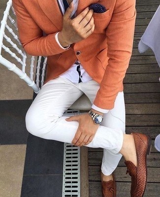 Men's Orange Blazer, White Dress Shirt, White Chinos, Brown Woven Leather Loafers