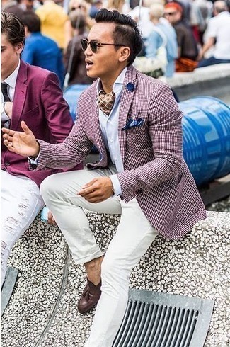 Burgundy Houndstooth Blazer Outfits For Men: For an effortlessly classic ensemble, consider wearing a burgundy houndstooth blazer and white chinos — these two pieces go beautifully together. Ramp up the dressiness of your outfit a bit by slipping into dark brown leather tassel loafers.