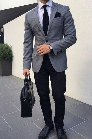 Black Silk Pocket Square Outfits: This pairing of a grey blazer and a black silk pocket square makes for the perfect base for a casual and cool look. To introduce some extra flair to this look, complete this ensemble with black leather double monks.