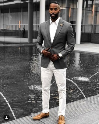 White Dress Shirt with Grey Blazer Outfits For Men: Pairing a grey blazer and a white dress shirt is a fail-safe way to infuse personality into your current fashion mix. Complete this look with a pair of tan leather brogues and the whole ensemble will come together.