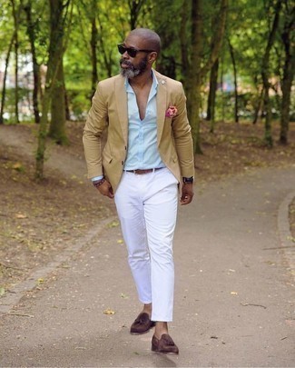 Red Bracelet Outfits For Men: Consider wearing a tan blazer and a red bracelet to create a really stylish and laid-back outfit. Go ahead and complete your look with a pair of burgundy suede tassel loafers for a dose of refinement.