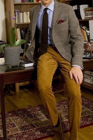 Orange Corduroy Chinos Outfits: One of the best ways for a man to style out such a practical item as a grey check blazer is to marry it with orange corduroy chinos. And it's a wonder how tan suede monks can class up an ensemble.