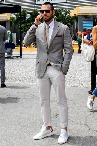 Men's Grey Blazer, White Dress Shirt, White Chinos, White and Red Canvas Low Top Sneakers