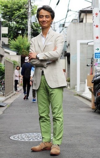 Men's Beige Blazer, White Dress Shirt, Green Chinos, Tan Suede Derby Shoes