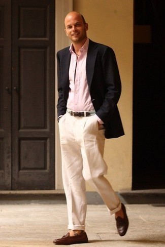 Men's Black Blazer, Pink Dress Shirt, White Chinos, Brown Woven Leather Loafers