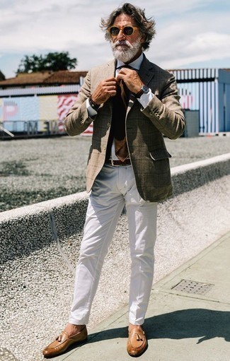 Beige Leather Loafers Outfits For Men: For casual refinement with a manly twist, you can rock a tan check blazer and white chinos. Introduce beige leather loafers to this ensemble for a masculine aesthetic.