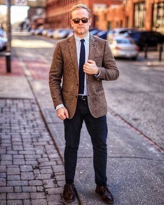 Men's Brown Wool Blazer, White and Blue Vertical Striped Dress Shirt, Navy Chinos, Burgundy Leather Derby Shoes