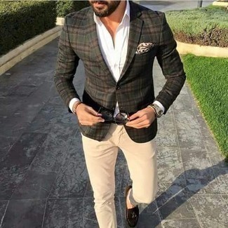 Beige Leather Bracelet Outfits For Men: This off-duty pairing of a dark green plaid blazer and a beige leather bracelet is a life saver when you need to look good in a flash. For a more elegant feel, why not introduce dark brown suede tassel loafers to the mix?