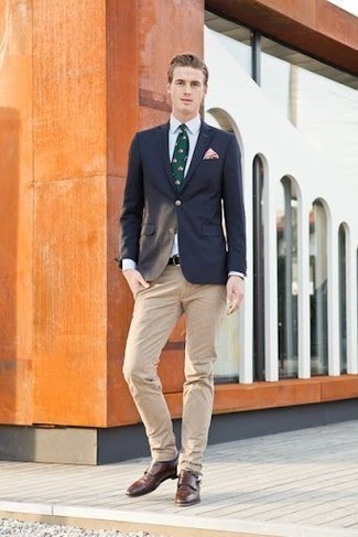 Olive Print Tie Outfits For Men: This combination of a navy blazer and an olive print tie is a foolproof option when you need to look like a true connoisseur of men's fashion. Complete your ensemble with brown leather double monks and the whole ensemble will come together wonderfully.