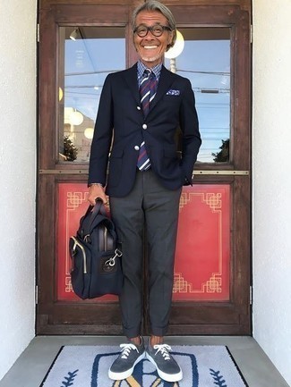 Men's Navy Blazer, White and Navy Check Dress Shirt, Charcoal Chinos, Navy Suede Low Top Sneakers