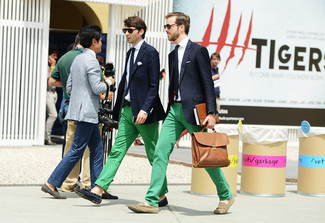 Navy Suede Tassel Loafers Outfits: For an ensemble that's effortlessly polished and gasp-worthy, consider wearing a navy blazer and green chinos. Kick up the cool of your ensemble with navy suede tassel loafers.
