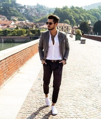 White Dress Shirt with Grey Blazer Outfits For Men: Make a fashionable entrance anywhere you go in a grey blazer and a white dress shirt. Let your outfit coordination credentials truly shine by finishing off this look with a pair of white canvas low top sneakers.