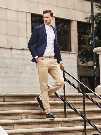 Navy Suede Shoes with Chinos Outfits 