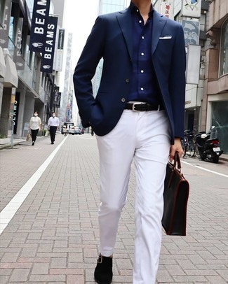 Briefcase Outfits: This combo of a navy blazer and a briefcase makes for the perfect base for an endless number of stylish getups. You know how to dress up this ensemble: black suede monks.