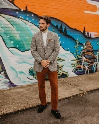 Brown Corduroy Chinos Outfits: A grey plaid blazer and brown corduroy chinos worn together are a match made in heaven for those who appreciate casually elegant ensembles. Hesitant about how to complement this ensemble? Wear a pair of black suede loafers to smarten it up.