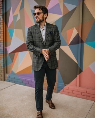 Tobacco Leather Double Monks Outfits: A charcoal plaid blazer and navy chinos are the ideal way to inject some manly elegance into your daily rotation. Add tobacco leather double monks to your ensemble for an instant dressy look.
