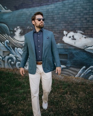Men's Teal Blazer, Navy Chambray Dress Shirt, White Chinos, White Canvas Low Top Sneakers