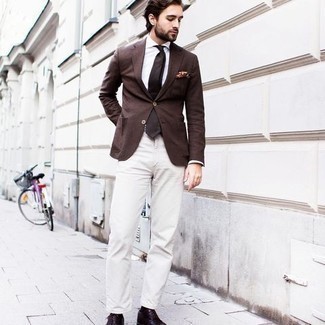 Burgundy Leather Oxford Shoes Outfits: Consider teaming a brown blazer with white chinos to exude masculine sophistication and class. Why not introduce a pair of burgundy leather oxford shoes to the equation for an extra dose of polish?