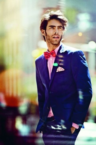Men's Blue Blazer, Pink Dress Shirt, Blue Chinos, Red Silk Bow-tie