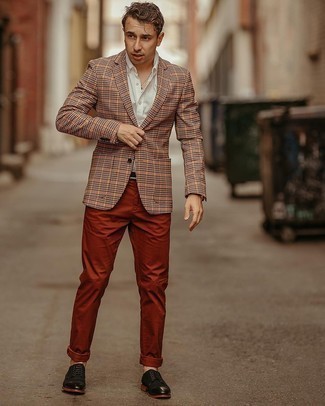 Yellow Check Blazer Outfits For Men: Show that you do smart casual men's fashion like a menswear guru by wearing a yellow check blazer and tobacco chinos. Bring a bit of polish to this outfit with black leather derby shoes.