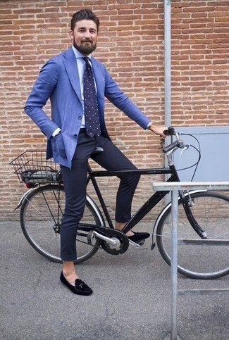 Blue Jacket Outfits For Men: For an ensemble that's casually classic and wow-worthy, try teaming a blue jacket with navy chinos. You could perhaps get a bit experimental in the shoe department and elevate your ensemble by sporting a pair of black velvet loafers.