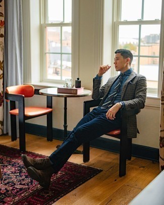 Navy Corduroy Chinos Outfits: Bump up your sartorial game by pairing a grey gingham wool blazer and navy corduroy chinos. Opt for dark brown suede casual boots and you're all done and looking incredible.