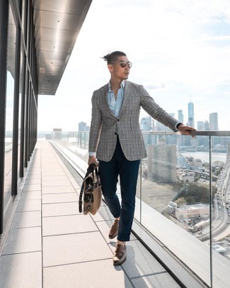 Dark Brown Gingham Blazer Outfits For Men: Team a dark brown gingham blazer with navy chinos if you wish to look seriously stylish without making too much effort. And if you wish to instantly spruce up your ensemble with footwear, why not complement this outfit with a pair of brown leather loafers?