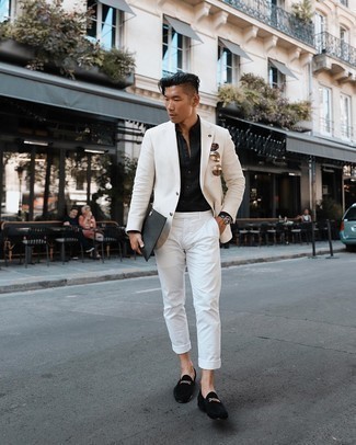 Black Dress Shirt Outfits For Men: We love how this smart casual combination of a black dress shirt and white chinos instantly makes men look stylish. Shake up this outfit with black suede loafers.