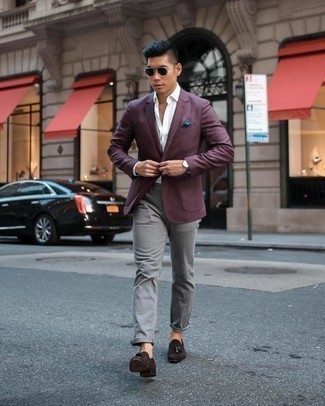 Charcoal Leather Watch Outfits For Men: If you prefer edgy ensembles, why not team a burgundy blazer with a charcoal leather watch? If you want to break out of the mold a little, enter a pair of dark brown suede tassel loafers into the equation.