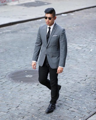Dark Green Sunglasses Outfits For Men: The versatility of a grey check blazer and dark green sunglasses guarantees they'll always be on heavy rotation in your closet. For something more on the sophisticated side to finish your ensemble, add a pair of black leather double monks to this getup.