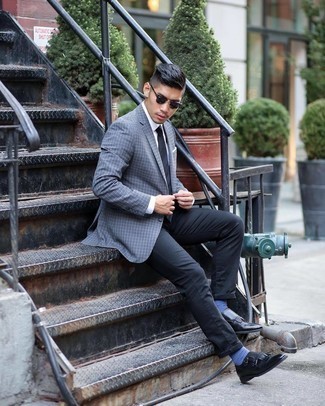 Black Horizontal Striped Tie Outfits For Men: Teaming a grey check blazer and a black horizontal striped tie is a surefire way to inject personality into your wardrobe. Black leather double monks are the perfect complement for your ensemble.