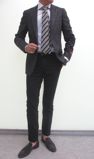 Charcoal Wool Blazer Outfits For Men: Inject effortless sophistication into your daily routine with a charcoal wool blazer and black chinos. Finishing with a pair of charcoal suede tassel loafers is an easy way to bring some extra flair to this ensemble.