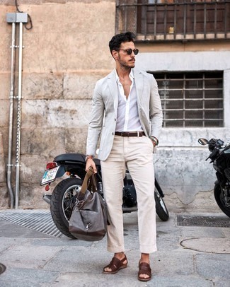 Men's Grey Plaid Blazer, White Dress Shirt, Beige Chinos, Dark Brown Leather Sandals