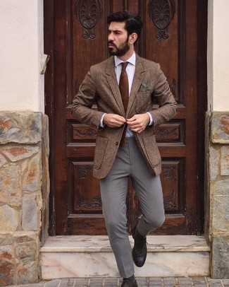 Brown Leather Brogues Outfits: Go for a straightforward yet classy ensemble by teaming a brown wool blazer and grey chinos. To give your ensemble a dressier aesthetic, why not add brown leather brogues to the mix?
