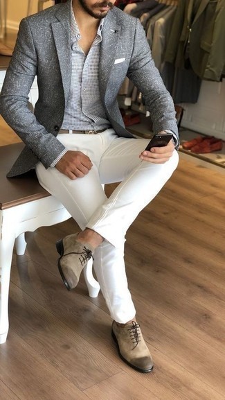 Tan Suede Oxford Shoes Outfits: For a look that's worthy of a modern sartorial-savvy gent and casually neat, try pairing a grey vertical striped blazer with white chinos. Tan suede oxford shoes are a surefire way to give an extra dose of style to your look.