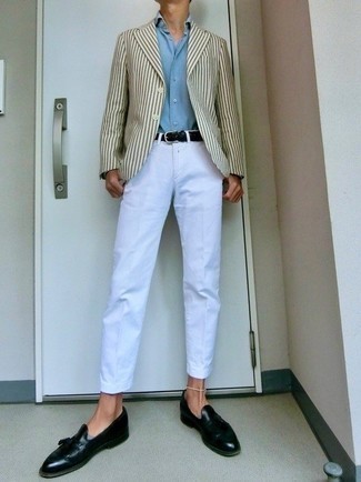 Beige Vertical Striped Blazer Outfits For Men: This classic and casual combination of a beige vertical striped blazer and white chinos is super easy to throw together in seconds time, helping you look dapper and ready for anything without spending a ton of time digging through your closet. For a trendy on and off-duty mix, throw in a pair of black leather tassel loafers.