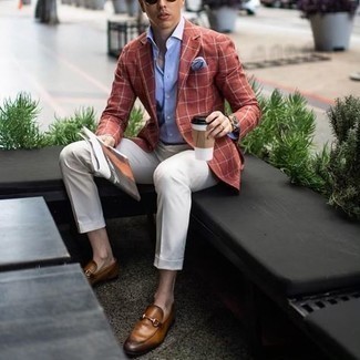 Red Check Blazer Outfits For Men: You'll be surprised at how easy it is for any guy to get dressed like this. Just a red check blazer matched with white chinos. Showcase your sophisticated side by finishing with a pair of tobacco leather loafers.