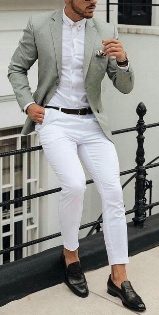 Men's Mint Blazer, White Dress Shirt, White Chinos, Black Leather Loafers