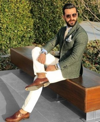 Olive Blazer Outfits For Men: We love how this semi-casual pairing of an olive blazer and white chinos instantly makes any man look dapper. Tap into some Ryan Gosling dapperness and introduce brown leather double monks to this ensemble.