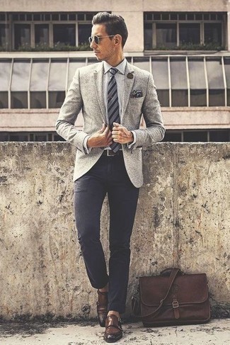 Men's Grey Wool Blazer, White and Black Check Dress Shirt, Navy Chinos, Dark Brown Leather Double Monks