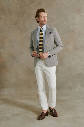 Yellow Horizontal Striped Tie Outfits For Men: A grey blazer looks so classy when combined with a yellow horizontal striped tie in a modern man's look. Dark brown leather tassel loafers pull the outfit together.