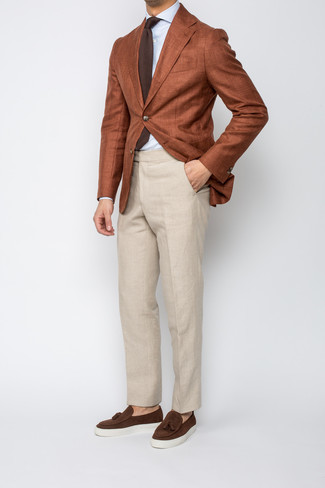 Beige Linen Chinos Outfits: You'll be amazed at how easy it is for any gent to get dressed this way. Just a tobacco blazer married with beige linen chinos. Finishing off with dark brown suede tassel loafers is a surefire way to introduce some extra classiness to this look.
