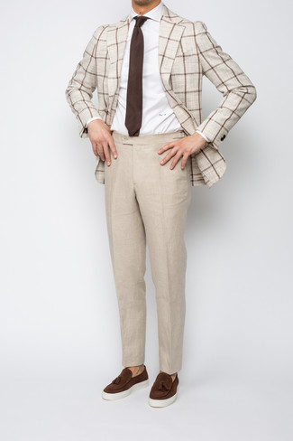 Tobacco Suede Tassel Loafers Outfits: This pairing of a beige check blazer and beige linen chinos is undeniable proof that a safe look can still be truly smart. Don't know how to round off this look? Finish off with tobacco suede tassel loafers to bump it up a notch.